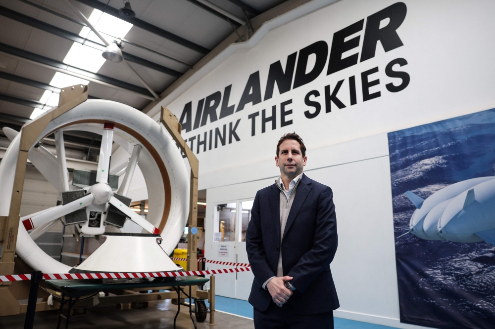 Hybrid Air Vehicles Chief Executive Officer Tom Grundy poses for pictures during a visit the company headquarters in Bedford, England on February 26, 2024. — AFP pic 