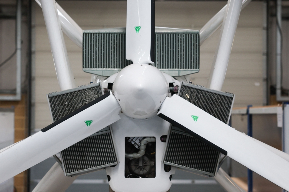 A photograph taken on February 26, 2024 shows a three-blade ducted propeller used on the Airlander 10 displayed at the Hybrid Air Vehicles centre in Bedford, England. — AFP pic