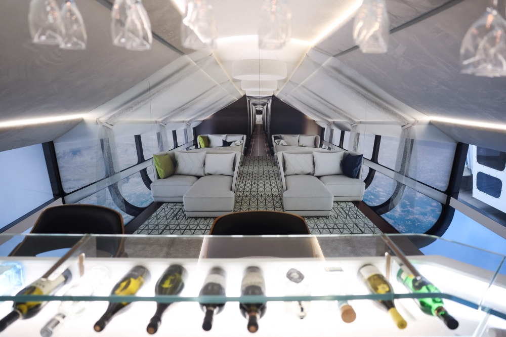 A photograph taken on February 26, 2024 shows a mockup cabin from the upcoming production Airlander 10 at the Hybrid Air Vehicles centre in Bedford, England. — AFP pic
