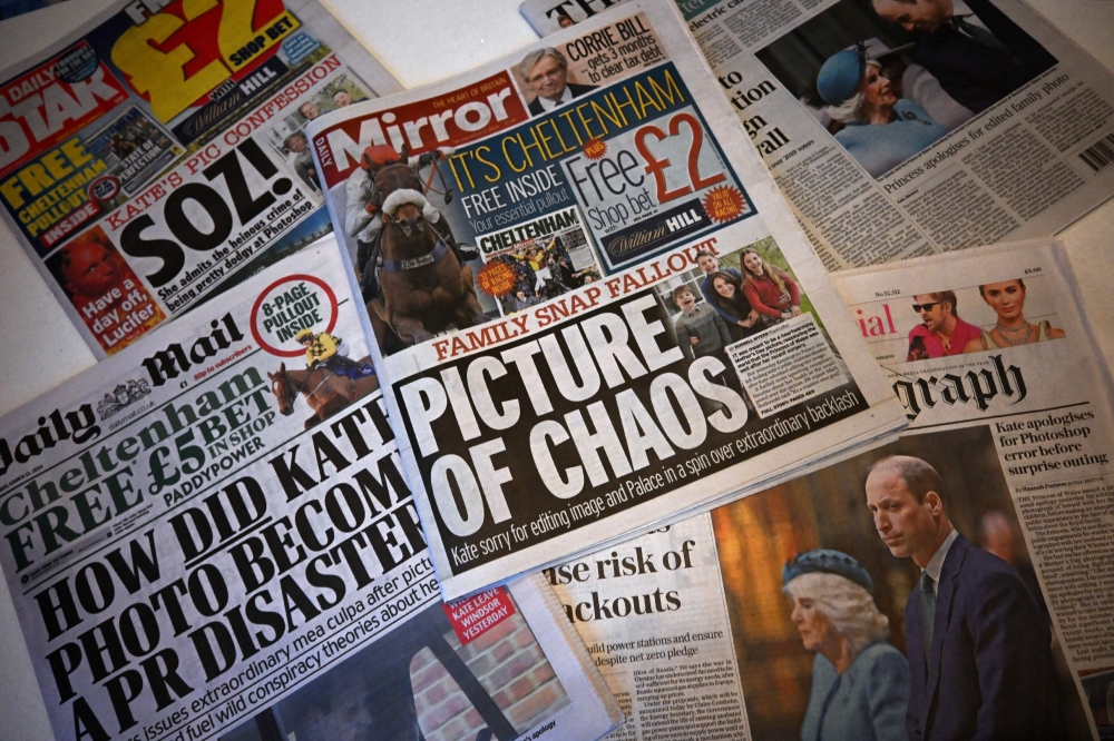 A picture shows the front pages of some of Britain's national newspapers, dominated by stories about the altered mother's day photo released by Kensington Palace on March 10, of Britain's Catherine, Princess of Wales and her children, in London on March 12, 2024. — AFP pic 