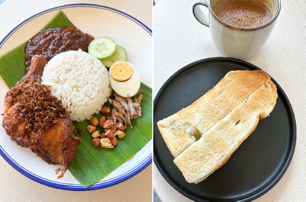 Nasi Lemak Ayam Goreng Berempah is a hearty meal but with muted flavours, similar to a Chinese-style 'nasi lemak' (left). For a light snack, opt for the airy Hainan Butter Kaya Toast with a thick, fragrant cup of Ipoh White Coffee (right)