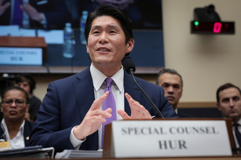 Former special counsel Robert K. Hur testifies before the House Judiciary Committee on March 12, 2024 in Washington, DC. — AFP pic