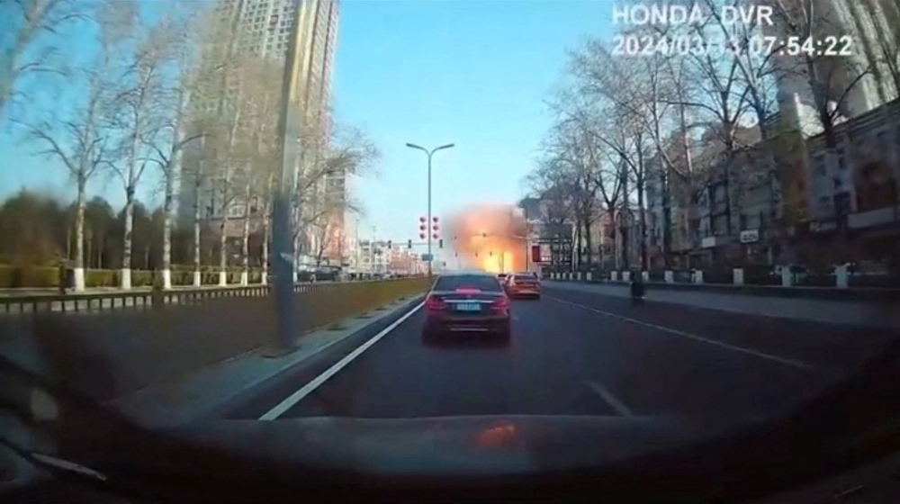 A dashcam view shows the moment of an explosion in Sanhe, Langfang City, Hebei Province, China in this screen grab from video obtained by Reuters March 13, 2024. — Video obtained by Reuters
