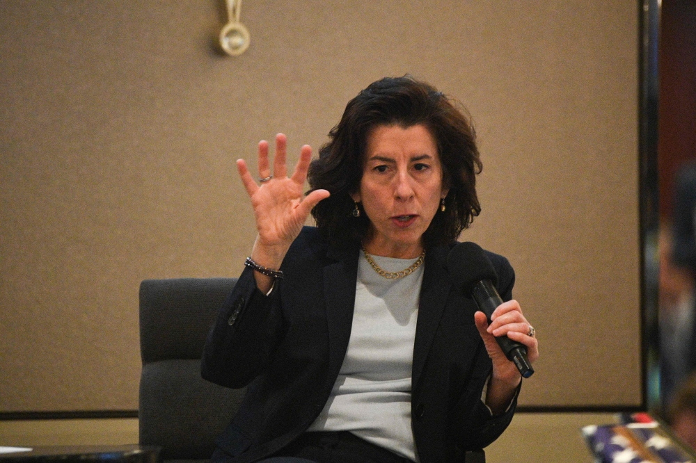 US Secretary of Commerce Gina Raimondo speaks during a meeting with business executives at a hotel in Manila March 12, 2024. — AFP pic 