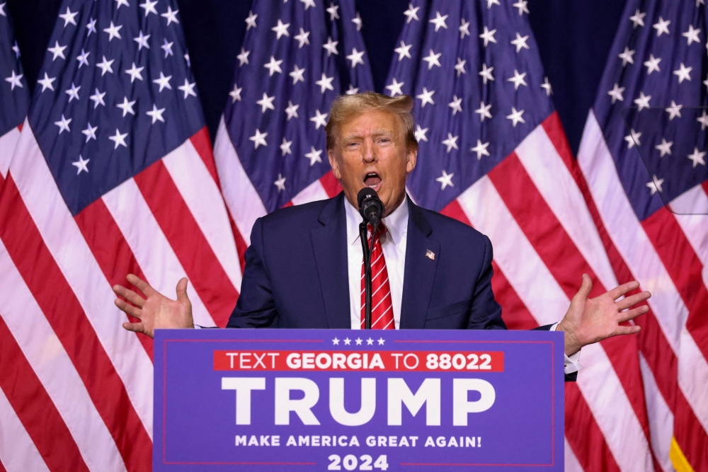 File photo of Republican presidential candidate and former US President Donald Trump speaking during a campaign rally at the Forum River Centre in Rome, Georgia, US March 9, 2024. — Reuters pic