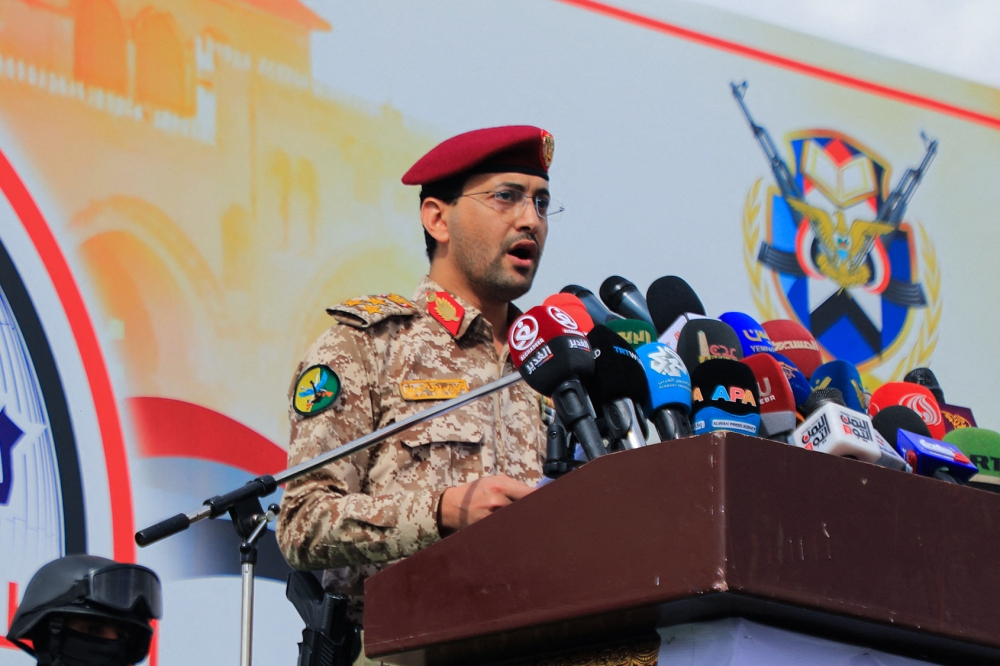 Houthi military spokesman Brigadier Yahya Saree delivers a statement during a rally in Sanaa in solidarity with Palestinians on March 15, 2024 amid the ongoing conflict in the Gaza Strip between Israel and the Hamas movement. — AFP pic