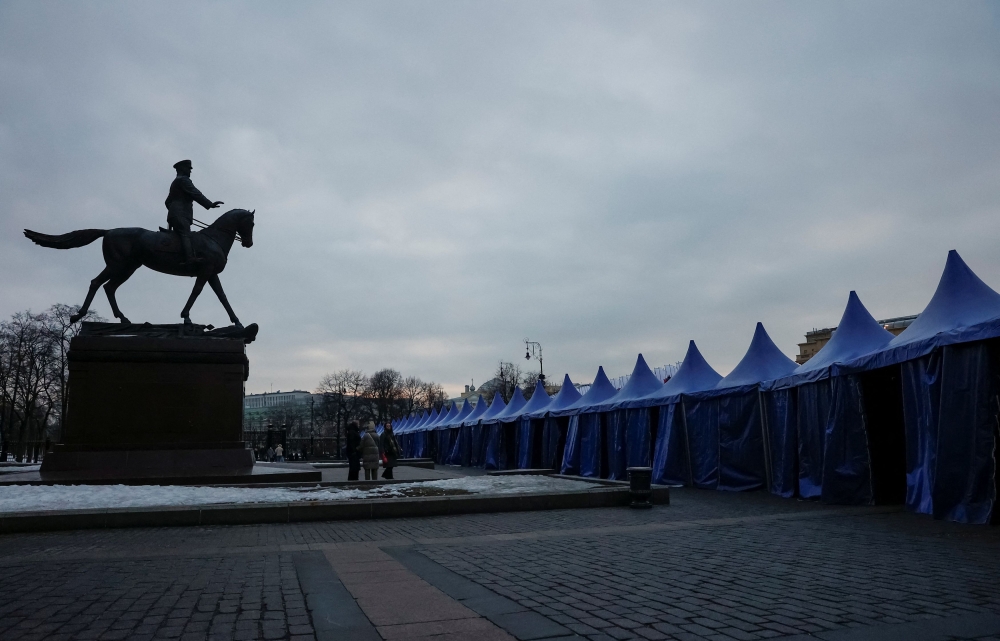 A view shows a monument to Soviet World War Two commander Marshal Georgy Zhukov near Red Square, which is closed during preparation for a rally and concert marking the anniversary of Russia's annexation of Crimea, in Moscow, Russia March 15, 2024.  — Reuters pic