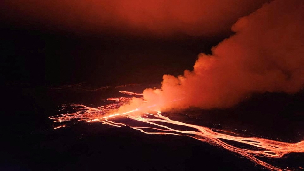A volcanic eruption takes place, near Grindavik, Iceland, March 16, 2024. — Public Safety Department of the National Police handout via Reuters