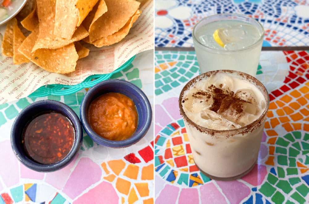 You're get two spicy dips like their chilli sauce or the Mexican dip with your snacks (left). Cool down with Horchata or Agua de Limon (right)