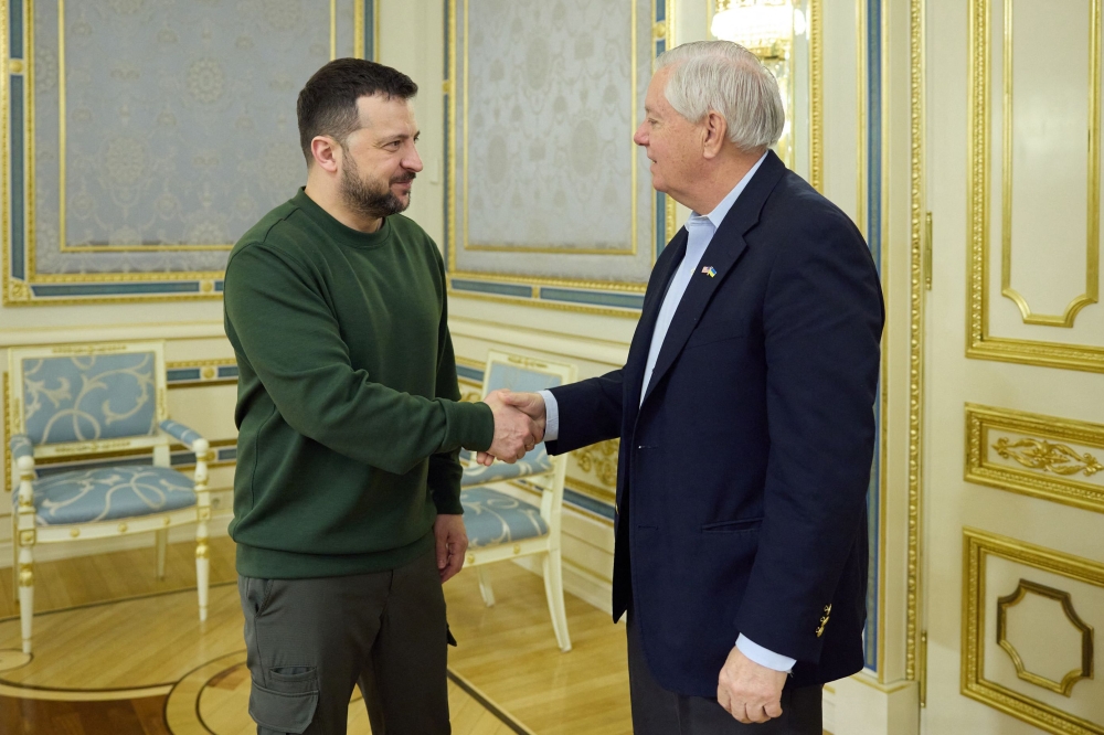 President Volodymyr Zelensky said yesterday that a swift decision by the US Congress on billions of dollars of military aid for Ukraine was “critically important”, during a meeting with US Senator Lindsey Graham. — AFP pic/Ukrainian Presidential Press Service