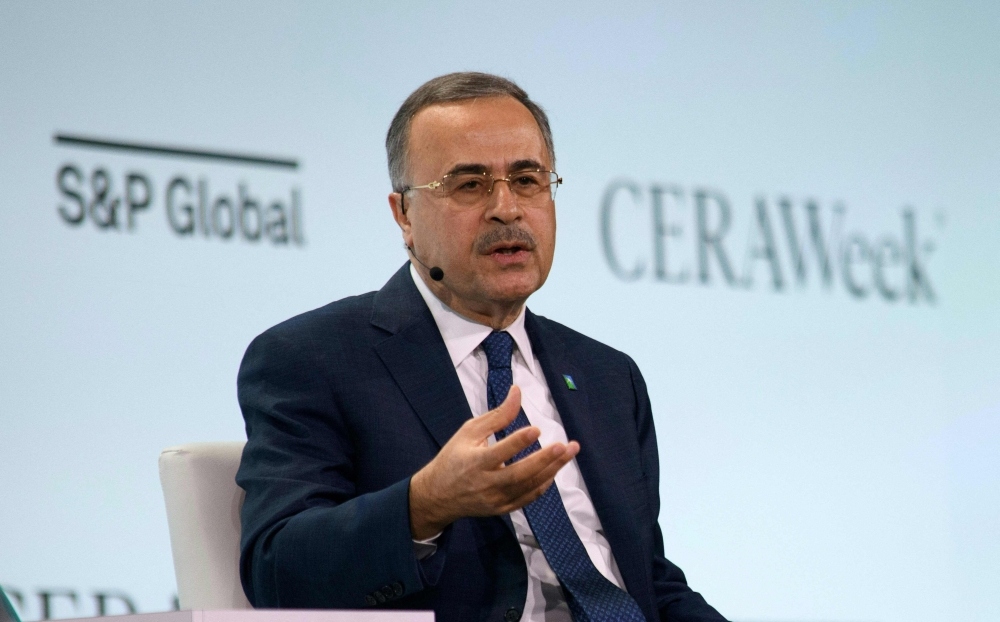 Saudi Aramco President & CEO Amin Nasser speaks during the CERAWeek oil summit in Houston, Texas, on March 18, 2024. ― AFP pic