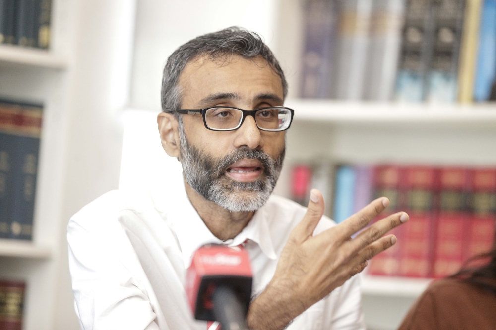 Lawyers For Liberty Legal Advisor N. Surendran speaks to the press regarding the stateless children during a press conference regarding stateless children at Lawyers For Liberty office in Petaling Jaya March 19, 2024. — Picture by Sayuti Zainudin