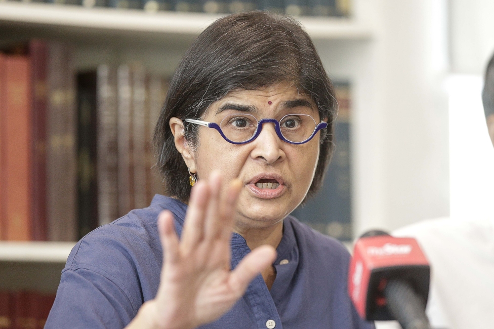 Lawyer Datuk S. Ambiga speaks to the press regarding the stateless children during a press conference regarding stateless children at Lawyers For Liberty office in Petaling Jaya March 19, 2024. — Picture by Sayuti Zainudin
