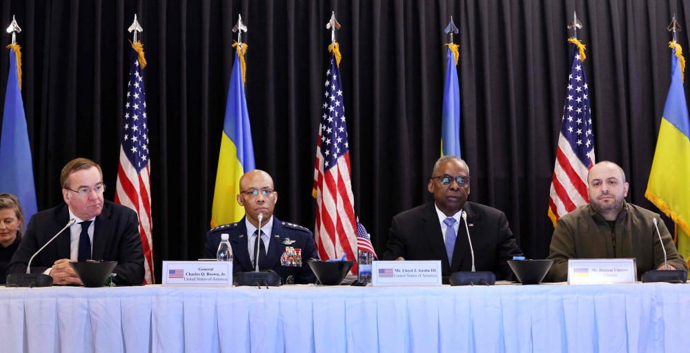 (Left-right) German Defence Minister Boris Pistorius, US Chairman of the Joint Chiefs of Staff General Charles Q. Brown, US Secretary of Defence Lloyd Austin and Ukrainian defence minister Rustem Umerov attend the 7th Ukraine Defence Contact Group meeting on March 19, 2024 at the US air base in Ramstein, southwestern Germany. — AFP pic