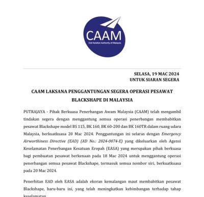CAAM grounds all operations of four Blackshape aircraft models in Malaysia effective tomorrow