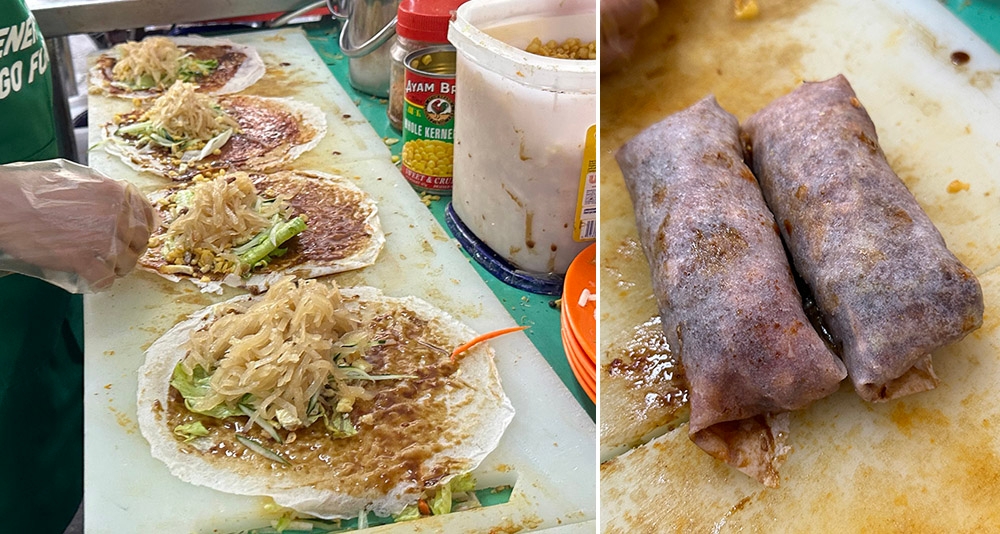 'Popiah' is also available from the same stall (left). Each 'popiah' is folded beautifully (right).