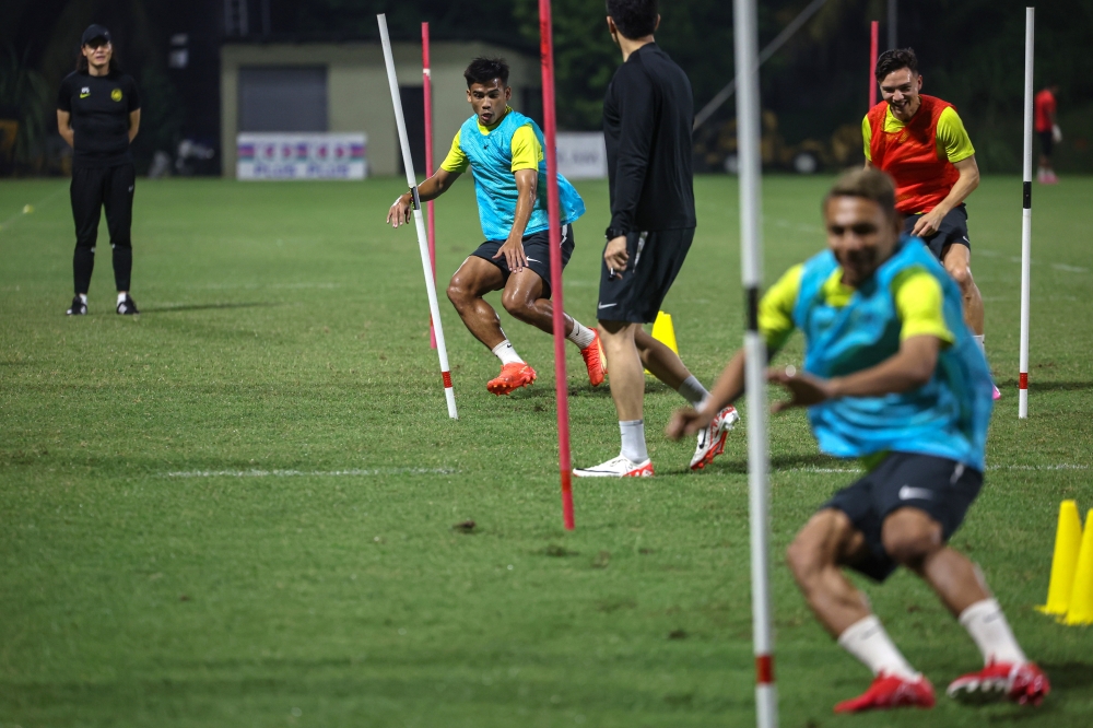 The Harimau Malaya squad in action at a training camp in preparation for the 2026 World Cup and 2027 Asian Cup Qualifiers at Wisma FAM March 14, 2024. — Bernama pic