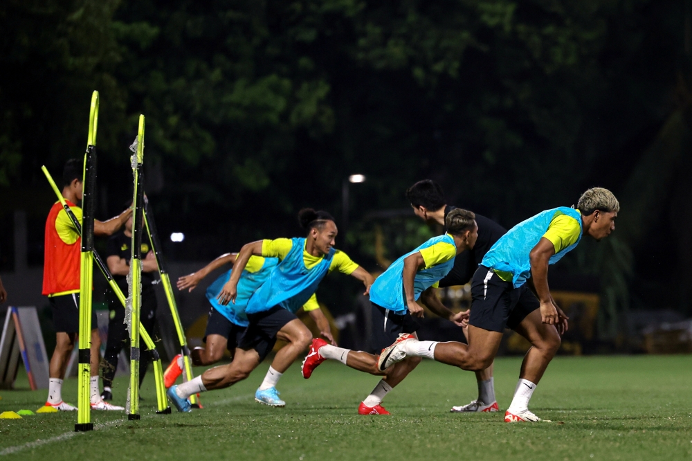 The Harimau Malaya squad in action at a training camp in preparation for the 2026 World Cup and 2027 Asian Cup Qualifiers at Wisma FAM March 14, 2024. — Bernama pic