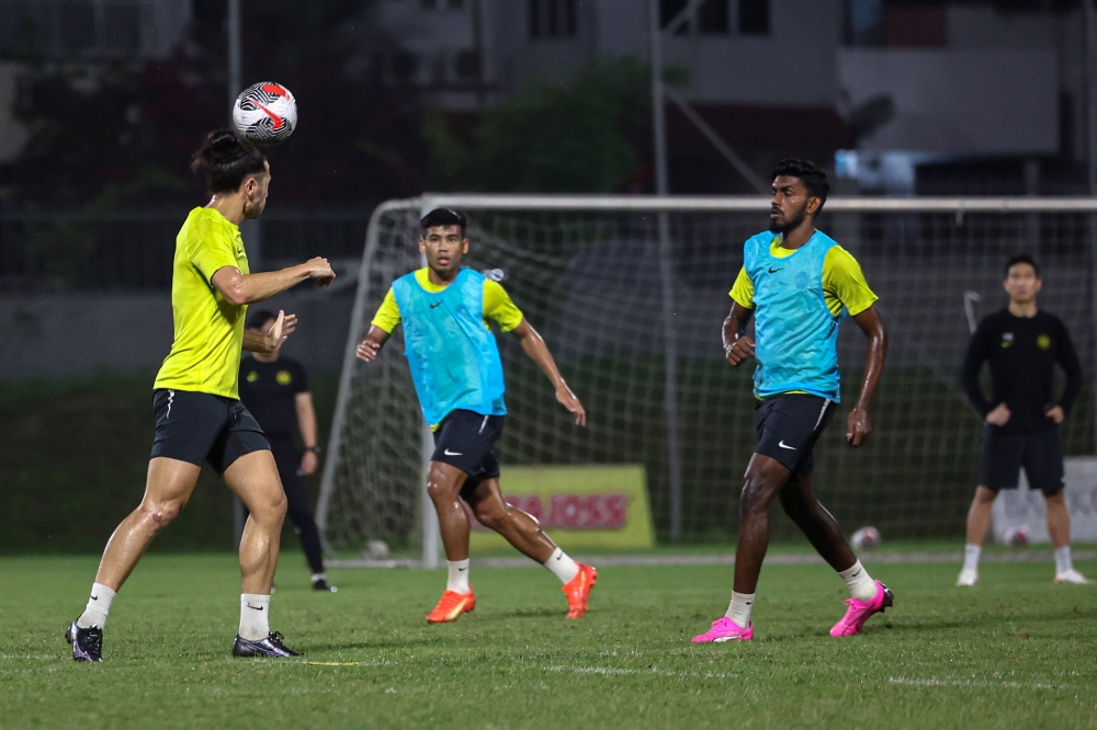 The Harimau Malaya squad in action at a training camp in preparation for the 2026 World Cup and 2027 Asian Cup Qualifiers at Wisma FAM March 14, 2024. — Bernama pic