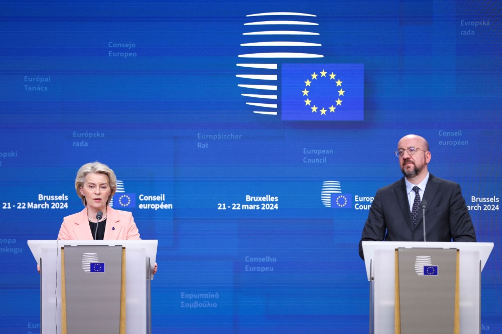 European Commission President Ursula von der Leyen and European Council President Charles Michel attend a press conference, on the day of a European Union leaders summit in Brussels, Belgium March 21, 2024. — Reuters pic