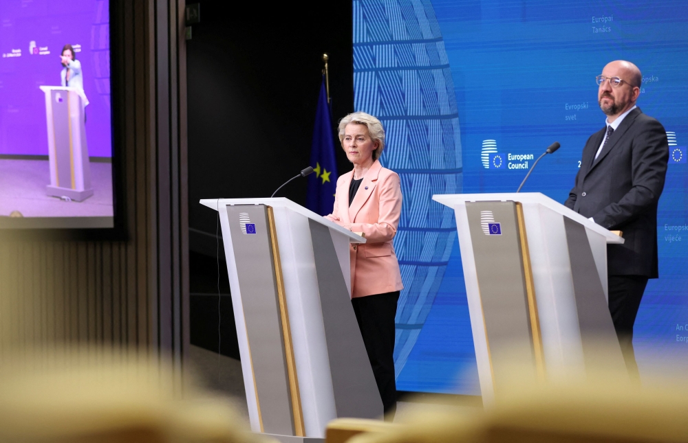 European Commission President Ursula von der Leyen and European Council President Charles Michel attend a press conference, on the day of a European Union leaders summit in Brussels, Belgium March 21, 2024. — Reuters pic