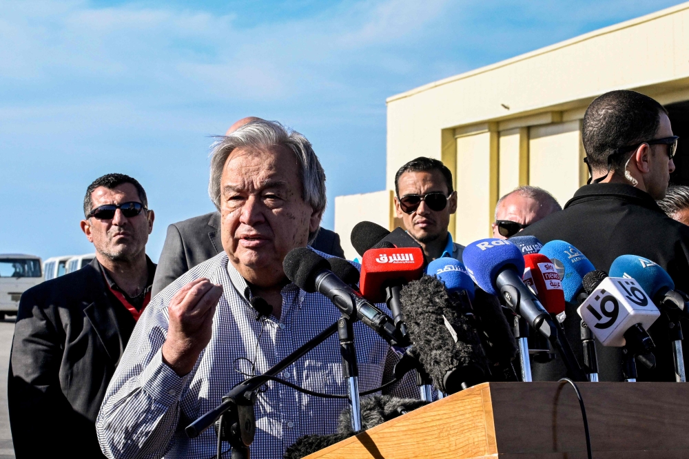 United Nations Secretary-General Antonio Guterres speaks to the media at El-Arish International Airport in Egypt’s north-eastern province of North Sinai on March 23, 2024, amid the ongoing conflict in the Palestinian Gaza Strip between Israel and the Palestinian militant group Hamas. — AFP pic