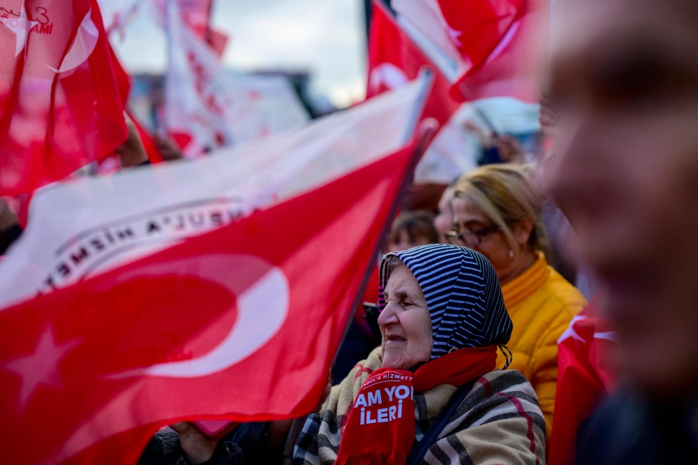 Supporters of Turkey’s main opposition Republican People’s Party (CHP) attend an election campaign rally in Istanbul on March 22, 2024, ahead of the municipal elections of March 31. — AFP pic