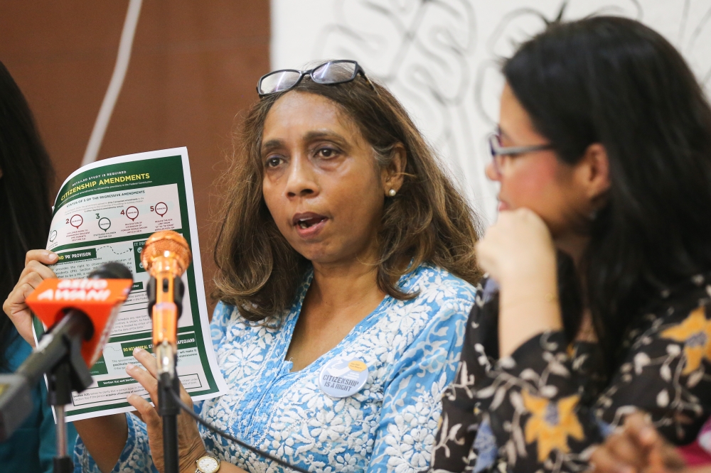 Maalini Ramalo speaks during the MCRA press conference on three remaining Citizenship Amendments at Chow Kit on March 24, 2024. — Picture by Miera Zulyana
