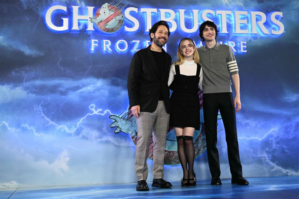 Paul Rudd, Mckenna Grace and Finn Wolfhard pose during a photocall for ‘Ghostbusters: Frozen Empire’. — AFP pic