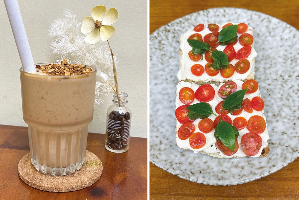 Refresh with the oat milk based Kurma Power Smoothie from the Ramadan menu (left). Snack on the tasty Tomato Bruschetta with its honey cherry tomatoes, homemade cream cheese, fresh basil and pesto (right).