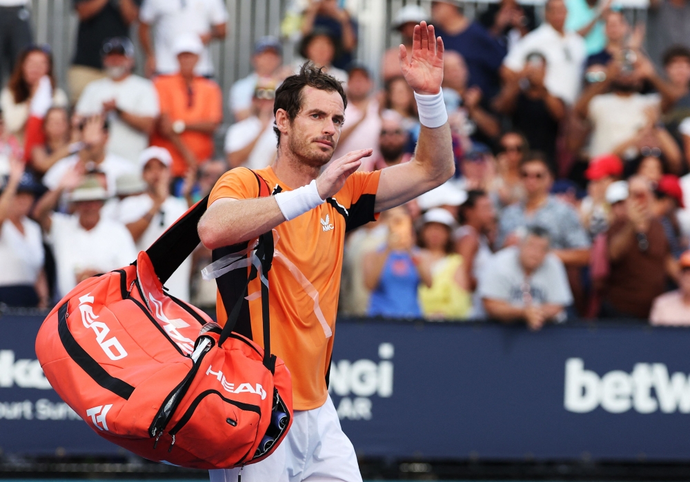Andy Murray of Great Britain waves to the crowd after losing in three sets against Tomas Machac of the Czech Republic on Day 9 of the Miami Open at Hard Rock Stadium on March 24, 2024 in Miami Gardens, Florida. — Al Bello/Getty Images/AFP pic