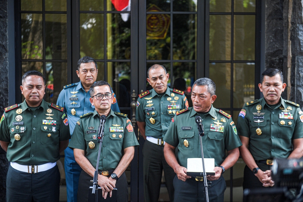 Indonesian Military Regional Commander, Izak Pangemanan speaks during a news conference regarding the video that emerged showing a Papuan man being tortured by military soldiers in the country’s Papua region at the Military Headquarters in Jakarta, Indonesia, March 25, 2024, in this photo taken by Antara Foto. — Antara Foto pic via Reuters