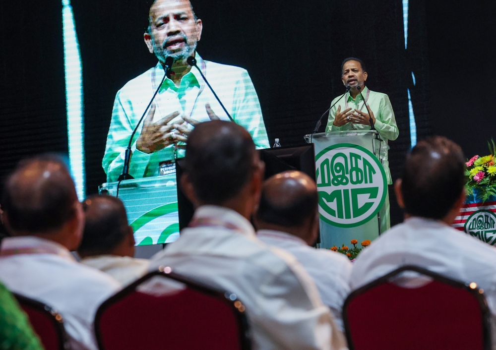 File picture of MIC president Tan Sri SA Vigneswaran delivering a speech during the 77th MIC general assembly at the Malaysia Agro Exposition Park Serdang November 18, 2023. Vigneswaran has retained his position as MIC president for the third consecutive time after winning the post uncontested for the 2024-2027 term in the party’s presidential election. — Bernama pic