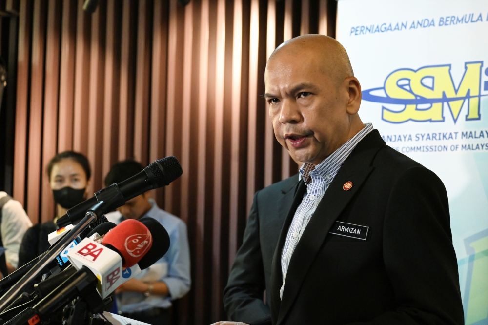 Domestic Trade and Cost of Living Minister Datuk Armizan Mohd Ali speaks at a press conference after launching the revamped Companies Commission of Malaysia (SSM) call centre in Kuala Lumpur, March 27, 2024. — Bernama pic 