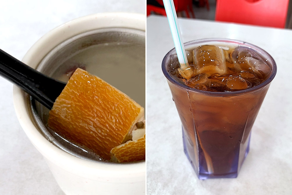 While waiting for your noodles, enjoy some old cucumber soup (left) or 'liong cha' (right).