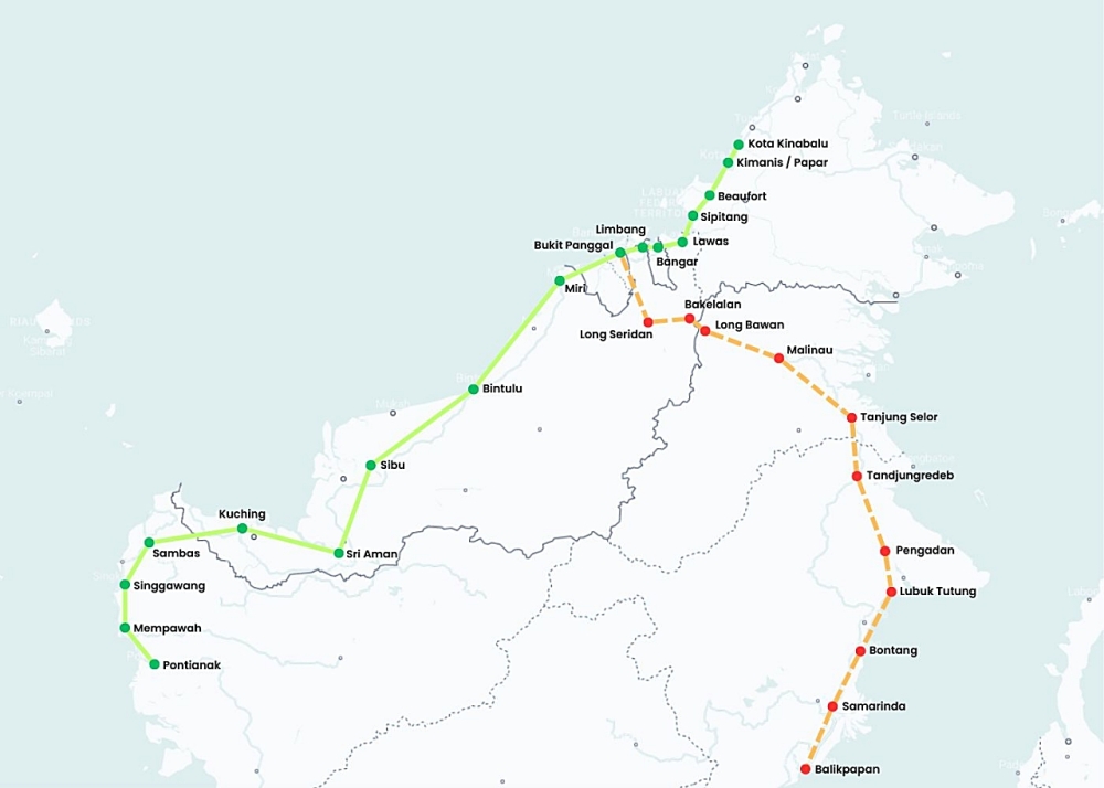 The proposed Trans Borneo Railway line spanning across Borneo. — Picture via The Borneo Post