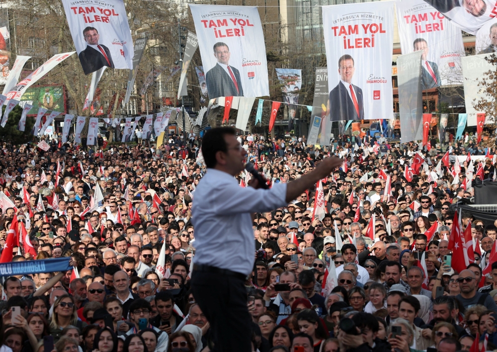 Istanbul Mayor Ekrem Imamoglu, mayoral candidate of the main opposition Republican People’s Party (CHP), addresses his supporters during a rally ahead of the local elections in Istanbul, Turkey March 30, 2024. — Reuters pic