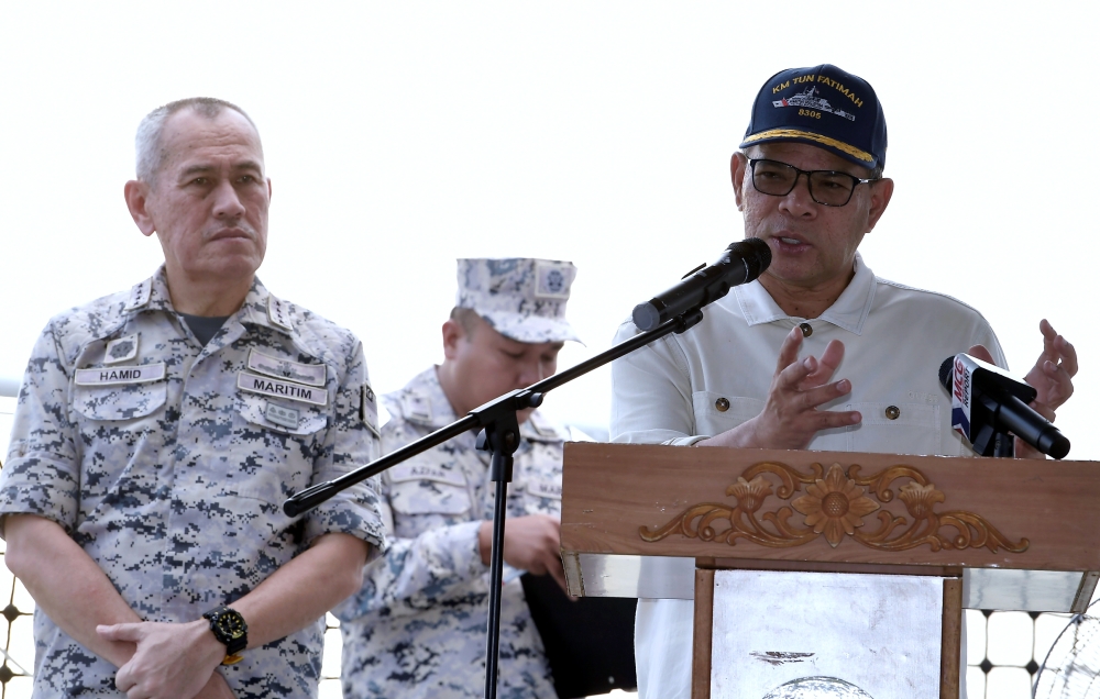 Home Minister Datuk Seri Saifuddin Nasution Ismail speaks at a media conference after inspecting Ops Pagar Laut onboard the Malaysian Maritime Enforcement Agency (MMEA) vessel Tun Fatimah in Selangor waters, Klang, April 1, 2024. — Bernama pic 