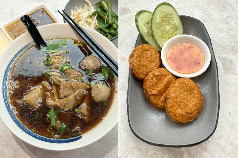 Slow Braised Beef Noodles is also satisfying with tender beef, beef balls and daikon radish (left). Snack on Fried Fish Cake as you wait for your bowl of beef noodles (right)