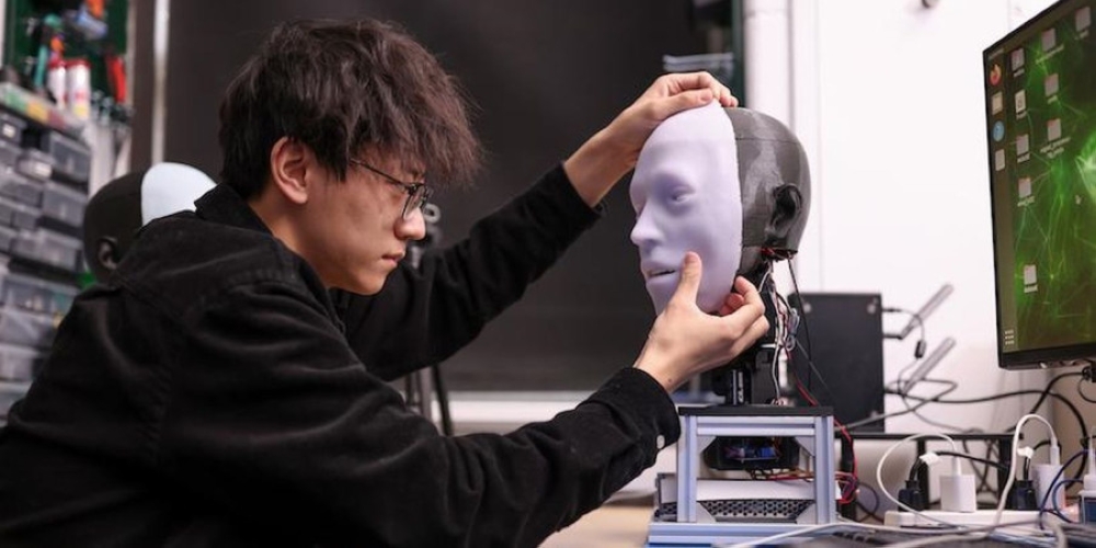 Emo's face features 26 actuators enabling it to reproduce most human facial expressions. — Picture courtesy of John Abbott / Columbia Engineering via ETX Studio