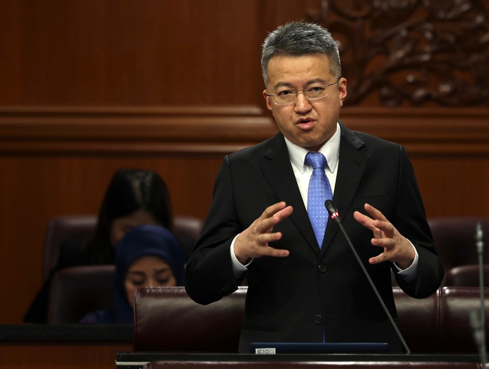 Deputy Investment, Trade and Industry Minister Liew Chin Tong speaks during a question and answer session at the Dewan Negara, April 3, 2024. ― Bernama pic