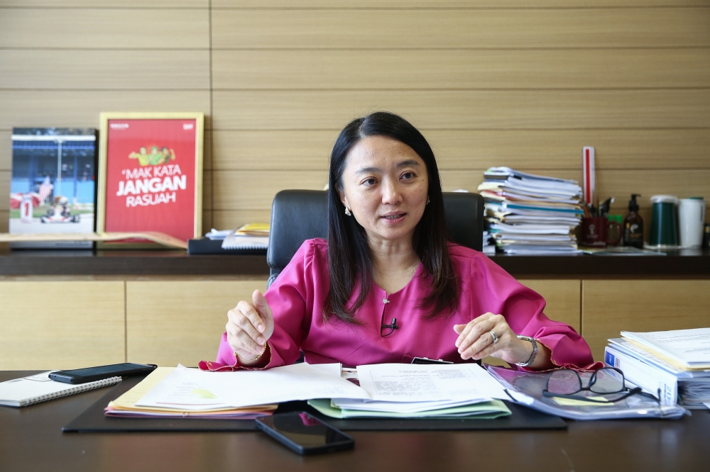 Youth and Sports Minister Hannah Yeoh speaks to Malay Mail during an interview at her office at Parliament in Kuala Lumpur April 2, 2024. — Picture by Yusof Mat Isa