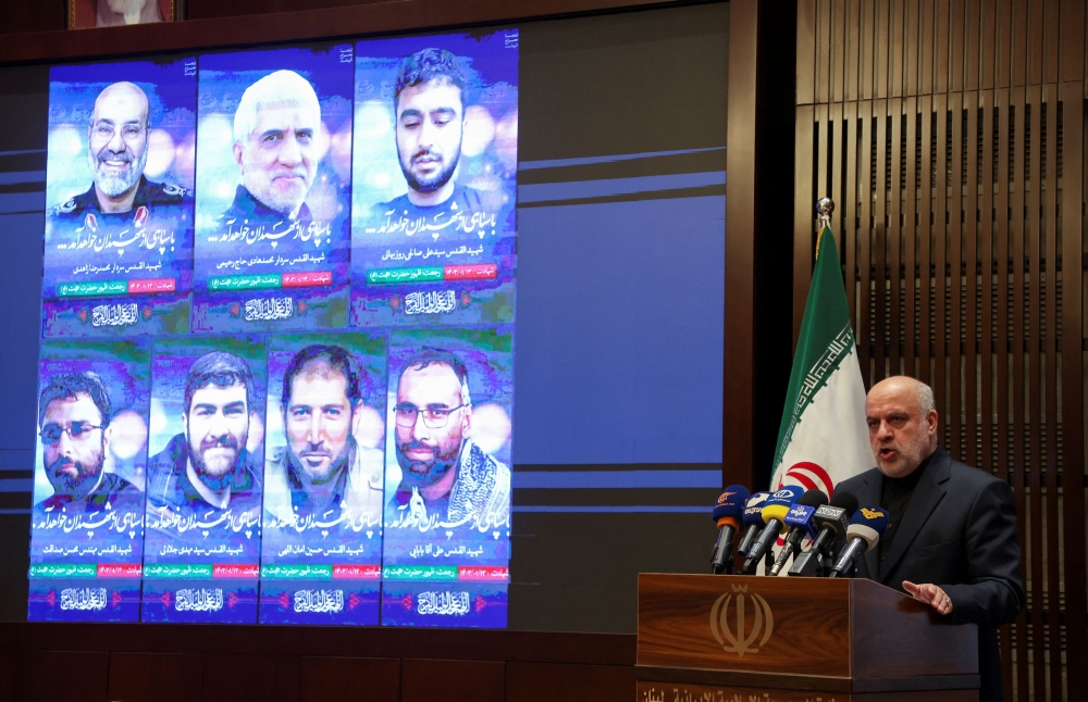 Iran's ambassador to Lebanon Mojtaba Amani speaks during an event to commemorate the people who were killed in a suspected Israeli airstrike on the Iranian embassy complex in Syria's capital Damascus on Monday, at the Iranian embassy in Beirut, Lebanon April 3, 2024. –– Reuters pic