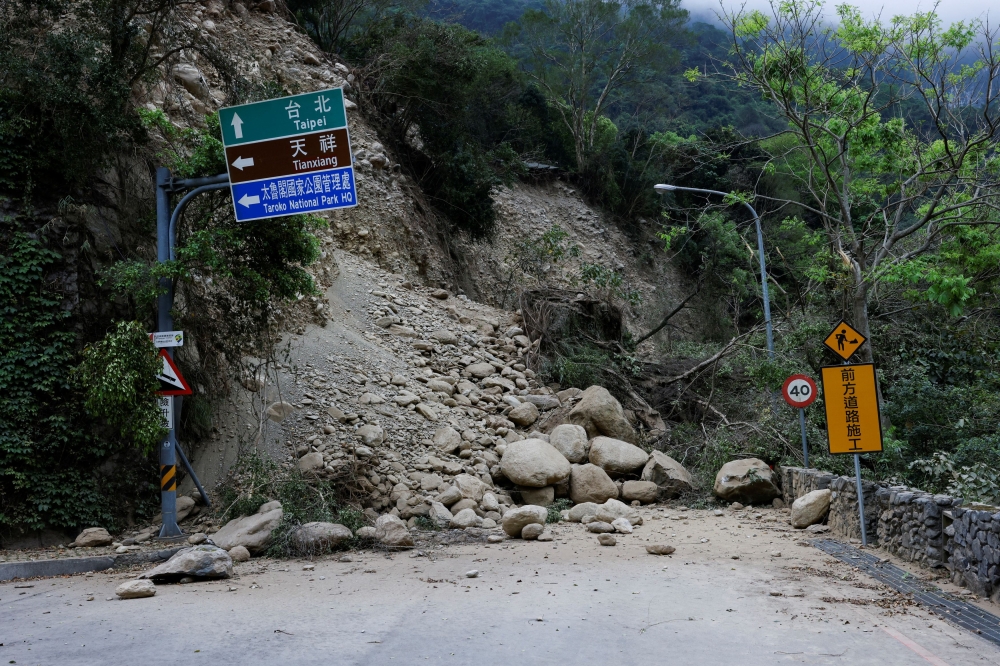 A general view of a road blocked due to a landslide, following the earthquake, in Hualien April 5, 2024.