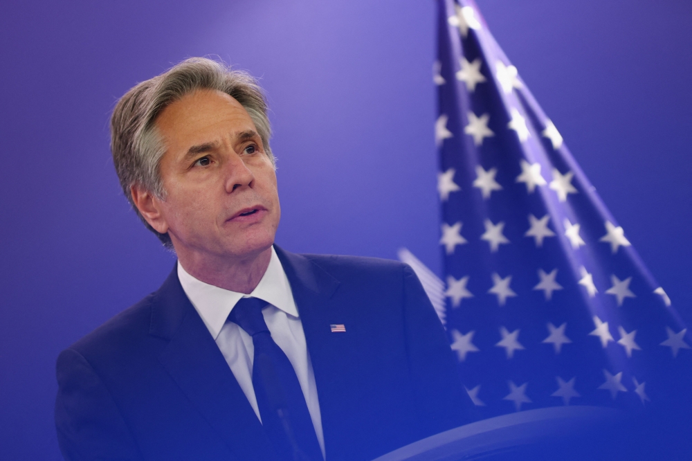 US Secretary of State Antony Blinken speaks to the press after meeting with the Armenian Prime Minister, European Union Foreign Policy chief and the EU Commission President, in Brussels April 5, 2024. — Johanna Geron/Pool/AFP pic 