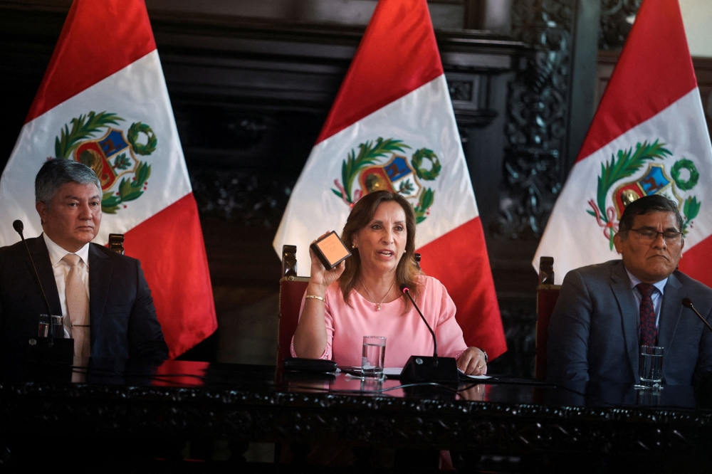 Peru's President Dina Boluarte attends a press conference at the government palace in Lima, Peru April 5, 2024. ― Reuters pic