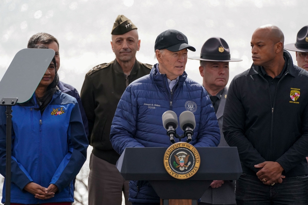 US President Joe Biden delivers remarks near the collapsed Francis Scott Key Bridge, in Dundalk, Maryland April 5, 2024. ― Reuters pic