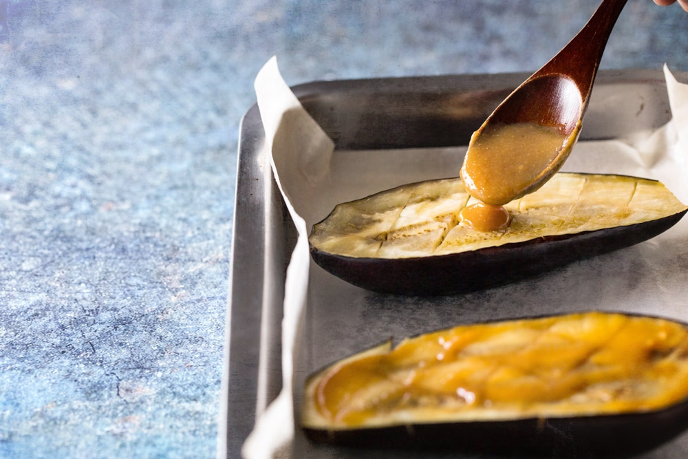 The more delicate white miso is used for the glaze.