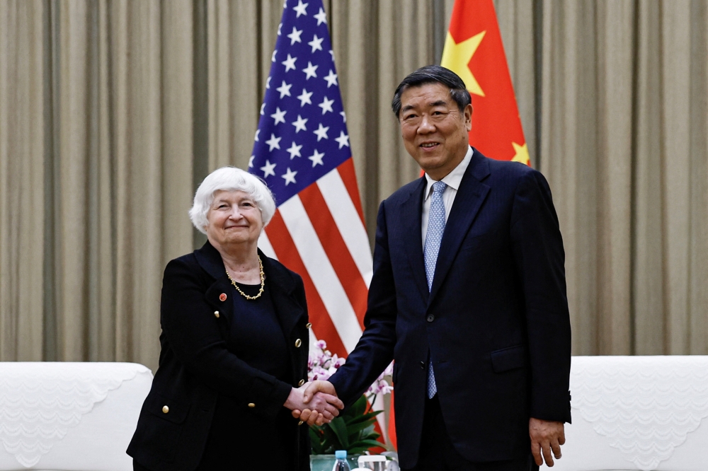 US Treasury Secretary Janet Yellen shakes hands with China's Vice Premier He Lifeng before a meeting at the Guangdong Zhudao Guest House, in Guangzhou, Guangdong province, China April 6, 2024. ― Reuters pic