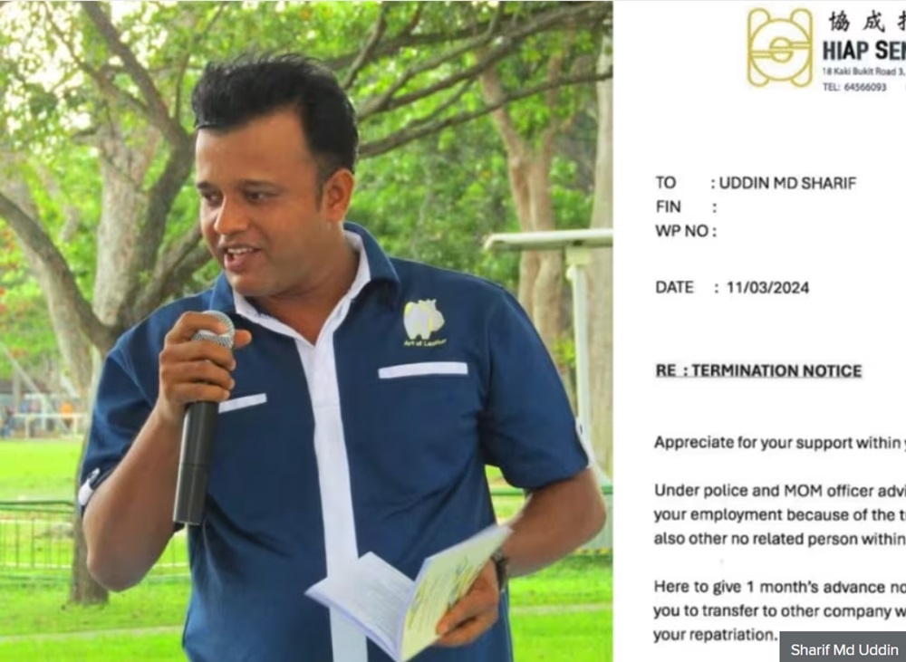 A photo of Sharif Md Uddin at a Migrant Tales book reading session organised by Singapore Bangladeshi Literature in 2016 and a screenshot of the termination later Sharif dated March 11 seen by TODAY. — Picture courtesy of Sharif Md Uddin